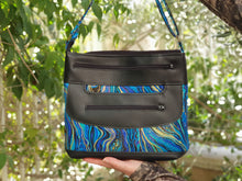 Load image into Gallery viewer, Black vegan leather and marble fabric crossbody purse for women, womens medium sized faux leather cross body everyday bag with zipper