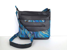 Load image into Gallery viewer, Black vegan leather and marble fabric crossbody purse for women, womens medium sized faux leather cross body everyday bag with zipper