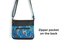 Load image into Gallery viewer, Black vegan leather and marble fabric crossbody purse for women, womens medium sized faux leather cross body everyday bag with zipper