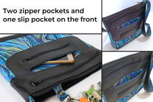 Load image into Gallery viewer, Black vegan leather and marble fabric crossbody purse for women, womens medium sized faux leather cross body everyday bag with zipper