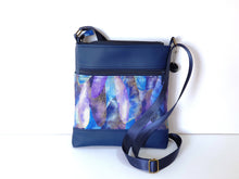 Load image into Gallery viewer, Blue faux leather small crossbody bag for women, vegan leather and blue purple and metallic gold fabric zipper purse with phone pocket