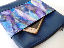 Load image into Gallery viewer, Blue faux leather small crossbody bag for women, vegan leather and blue purple and metallic gold fabric zipper purse with phone pocket
