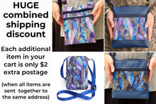 Load image into Gallery viewer, Blue faux leather small crossbody bag for women, vegan leather and blue purple and metallic gold fabric zipper purse with phone pocket