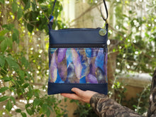 Load image into Gallery viewer, Blue faux leather small crossbody bag for women, vegan leather and blue purple and metallic gold fabric zipper purse with phone pocket