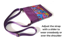 Load image into Gallery viewer, Purple faux leather and Laurel Burch dog fabric small crossbody bag for dog lover, vegan leather zipper purse for women, gift for dog mom