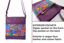 Load image into Gallery viewer, Purple faux leather and Laurel Burch dog fabric small crossbody bag for dog lover, vegan leather zipper purse for women, gift for dog mom