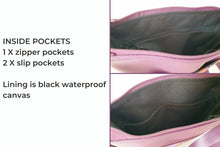 Load image into Gallery viewer, Purple faux leather and Laurel Burch dog fabric small crossbody bag for dog lover, vegan leather zipper purse for women, gift for dog mom