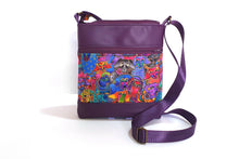 Load image into Gallery viewer, Purple faux leather and Laurel Burch dog fabric small crossbody bag for dog lover, vegan leather zipper purse for women, gift for dog mom