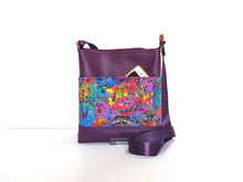 Load image into Gallery viewer, Purple faux leather and Laurel Burch dog fabric small crossbody bag for dog lover, vegan leather zipper purse for women, gift for dog mom