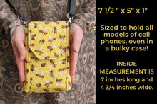 Load image into Gallery viewer, Bee fabric cell phone purse, bee gifts, minimalist small crossbody bag with phone pocket for bee lover, cell phone bag, beekeeper gift, bees