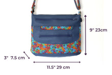 Load image into Gallery viewer, Blue vegan leather and colorful swirl fabric crossbody purse for women, womens medium sized faux leather cross body everyday bag with zipper
