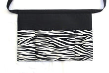 Load image into Gallery viewer, half apron with pockets, waitress apron with zipper pocket, zebra vendor apron, teacher apron, waist apron, utility apron black and white