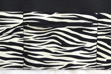 Load image into Gallery viewer, half apron with pockets, waitress apron with zipper pocket, zebra vendor apron, teacher apron, waist apron, utility apron black and white