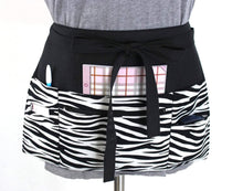 Load image into Gallery viewer, half apron with pockets, waitress apron with zipper pocket, zebra vendor apron, teacher apron, waist apron, utility apron black and white