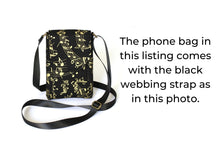Load image into Gallery viewer, Cell phone purse - black fabric with metallic gold music design