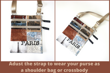 Load image into Gallery viewer, Double Zipper purse - small crossbody travel bag - Paris print fabric - Tracey Lipman
