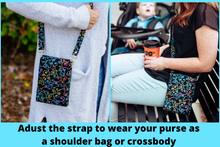 Load image into Gallery viewer, cell phone wallet purse - phone bag - Colorful Swirls on black fabric - Tracey Lipman