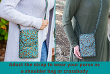 Load image into Gallery viewer, cell phone pouch - mobile phone bag in teal and brown mosaic fabric - Tracey Lipman
