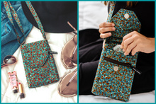 Load image into Gallery viewer, cell phone pouch - mobile phone bag in teal and brown mosaic fabric - Tracey Lipman