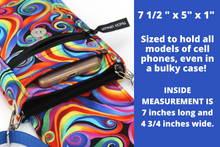 Load image into Gallery viewer, Minimalist crossbody cell phone bag in colorful retro spiral fabric
