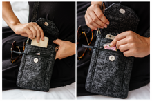 Load image into Gallery viewer, pocket detail of black phone bag by Tracey Lipman
