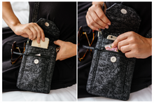 Load image into Gallery viewer, pocket detail of black phone bag by Tracey Lipman