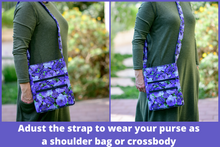 Load image into Gallery viewer, Purple floral fabric long crossbody bag for women with lots of pockets - Tracey Lipman