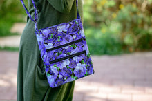 Load image into Gallery viewer, Purple floral fabric long crossbody bag for women with lots of pockets - Tracey Lipman
