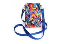 Load image into Gallery viewer, Minimalist crossbody cell phone bag in colorful retro spiral fabric