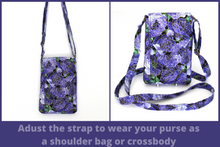 Load image into Gallery viewer, Purple floral crossbody phone bag - grab and go bag for everyday carry