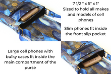 Load image into Gallery viewer, Small crossbody cell phone bag - blue and metallic gold fabric