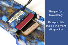 Load image into Gallery viewer, Small crossbody cell phone bag - blue and metallic gold fabric