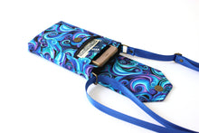 Load image into Gallery viewer, Minimalist crossbody cell phone bag in blue and purple swirl fabric