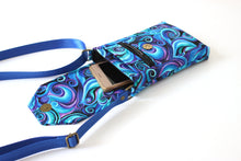 Load image into Gallery viewer, Minimalist crossbody cell phone bag in blue and purple swirl fabric
