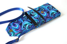 Load image into Gallery viewer, Minimalist crossbody cell phone bag in blue and purple swirl fabric

