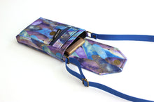 Load image into Gallery viewer, Small crossbody cell phone bag - blue purple and metallic gold fabric