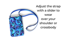 Load image into Gallery viewer, Minimalist crossbody cell phone bag in blue and purple swirl fabric