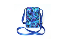Load image into Gallery viewer, Minimalist crossbody cell phone bag in blue and purple swirl fabric
