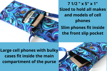 Load image into Gallery viewer, Minimalist crossbody cell phone bag in blue and purple swirl fabric