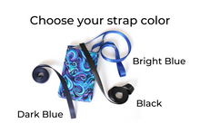 Load image into Gallery viewer, Minimalist crossbody cell phone bag in blue and purple swirl fabric