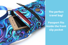 Load image into Gallery viewer, Minimalist crossbody cell phone bag in blue and purple swirl fabric