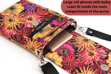Load image into Gallery viewer, Minimalist crossbody cell phone bag in zinnia floral fabric