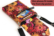 Load image into Gallery viewer, Minimalist crossbody cell phone bag in zinnia floral fabric