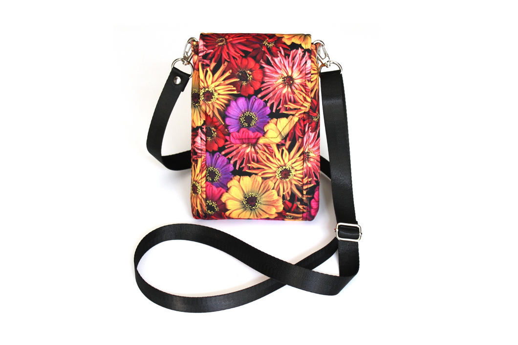 Minimalist crossbody cell phone bag in zinnia floral fabric