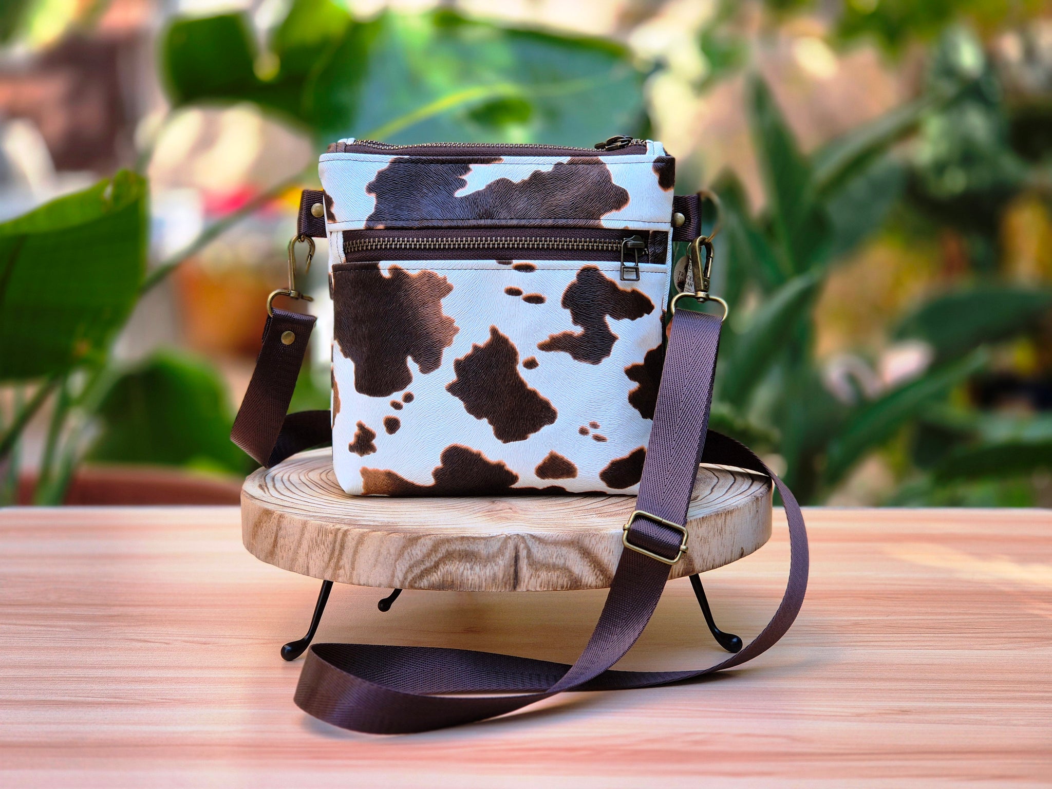 Brown and cream vegan cow leather small crossbody bag for women 
