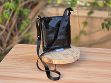 Load image into Gallery viewer, Black patent crocodile vegan leather small crossbody bag for women
