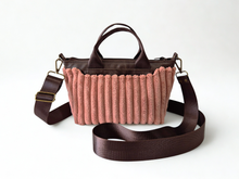 Load image into Gallery viewer, Brown vegan leather and pink velour corduroy mini tote bag
