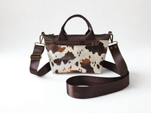 Load image into Gallery viewer, Brown vegan faux cow leather small tote bag
