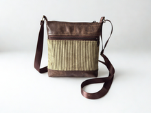 Load image into Gallery viewer, Brown vegan leather and olive green corduroy small crossbody bag for women
