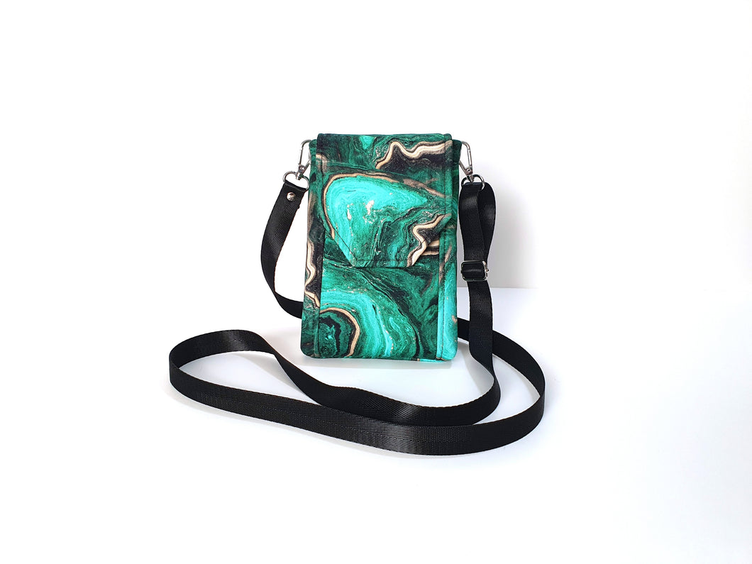 Cell phone bag, emerald green agate slice geode small crossbody bag